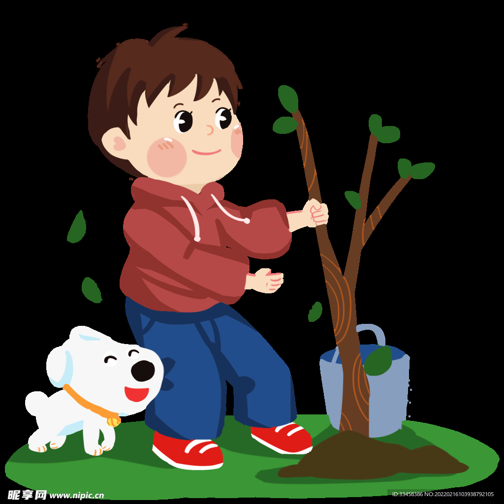 植树节可爱男孩和小狗户外种树