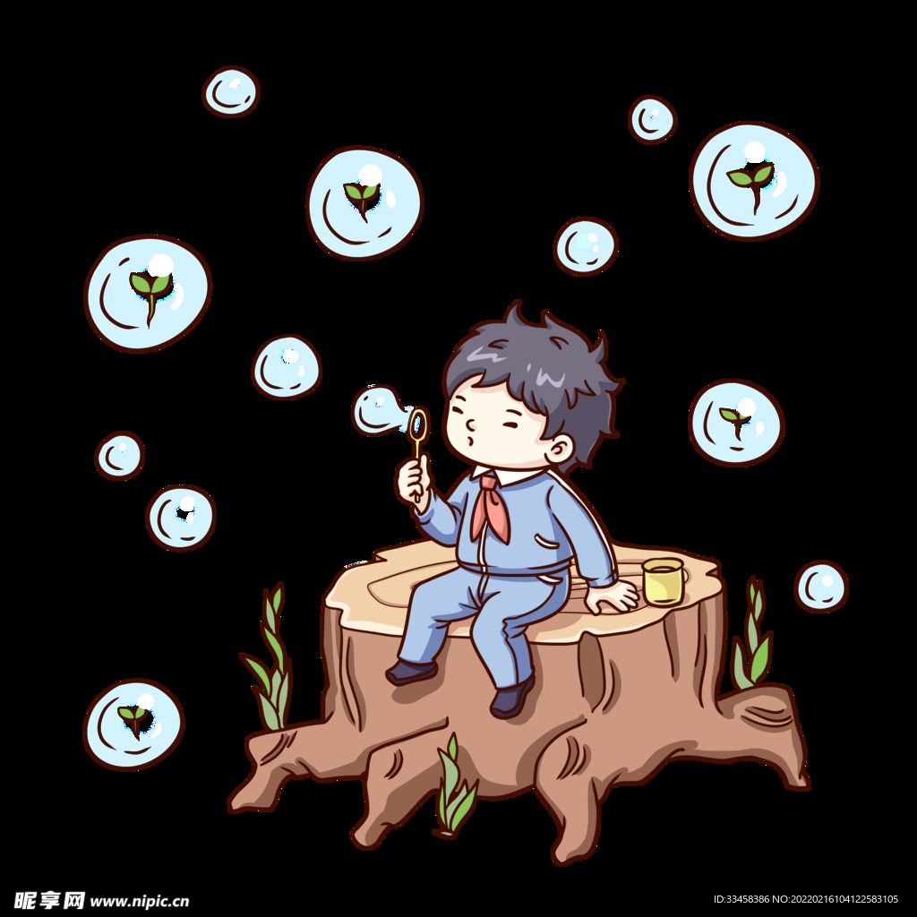 坐在树桩上吹泡泡的男孩