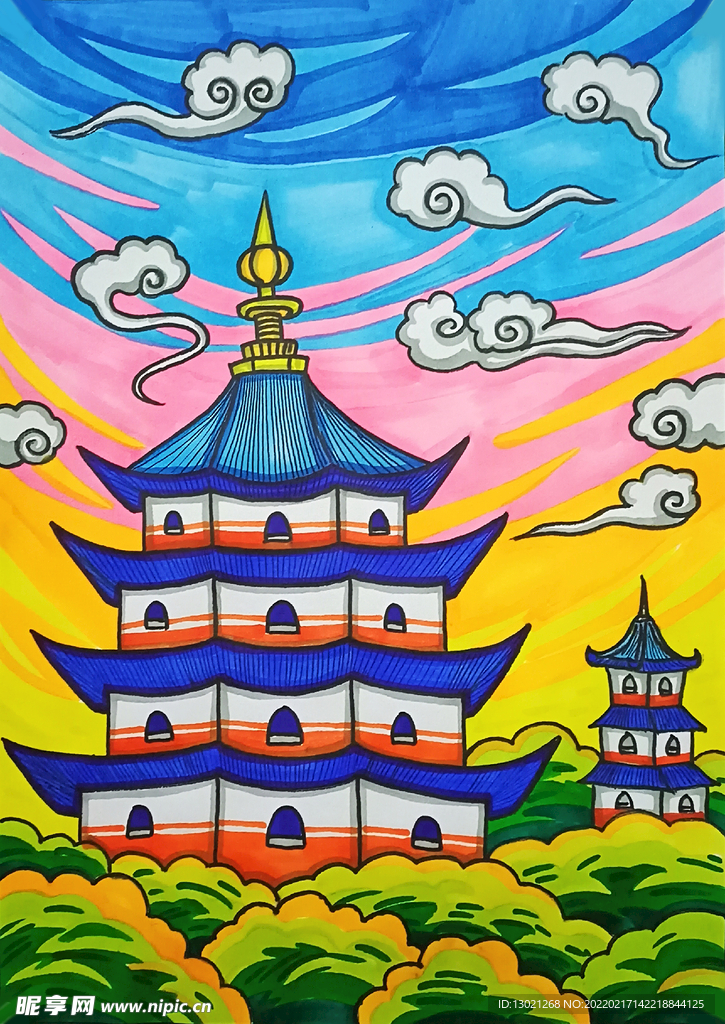 高塔儿童画