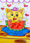 吃西瓜 小猫 爱心 儿童画