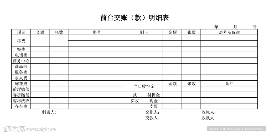 前台交账（款）明细表