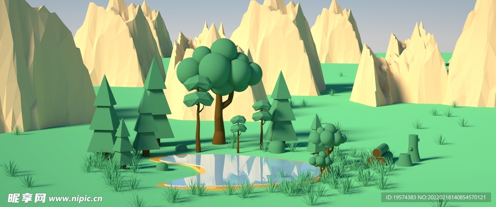 C4D模型小岛岛屿湖水风景卡通