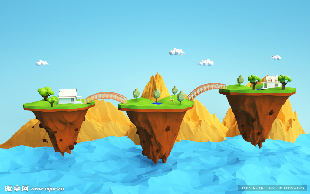 C4D模型小岛岛屿树木卡通风景