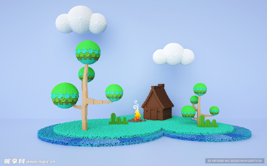 C4D模型小岛卡通风景小木屋