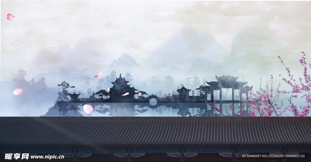 中国风水墨江山古代建筑背景