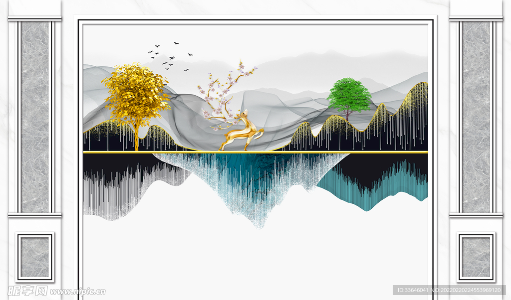 新中式麋鹿山水造型背景墙