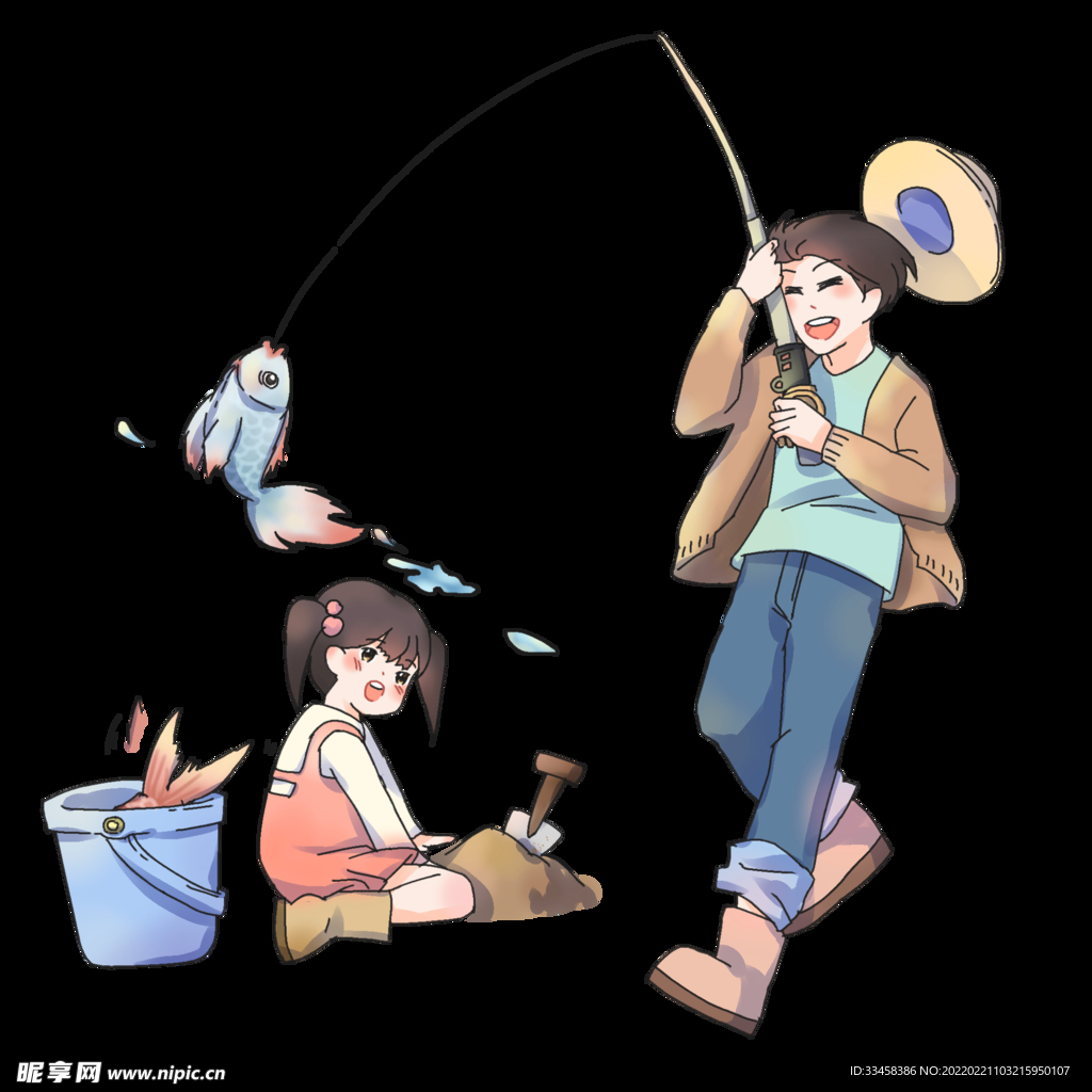 春分钓鱼的小男孩