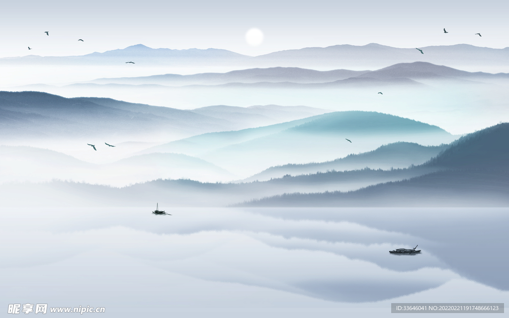 蓝色水墨山水