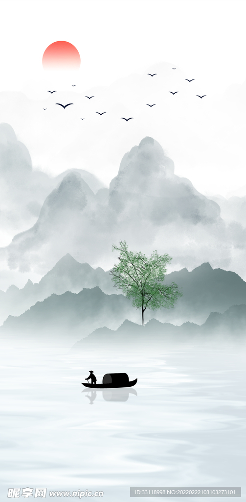 新中式水墨山水意境玄关装饰画
