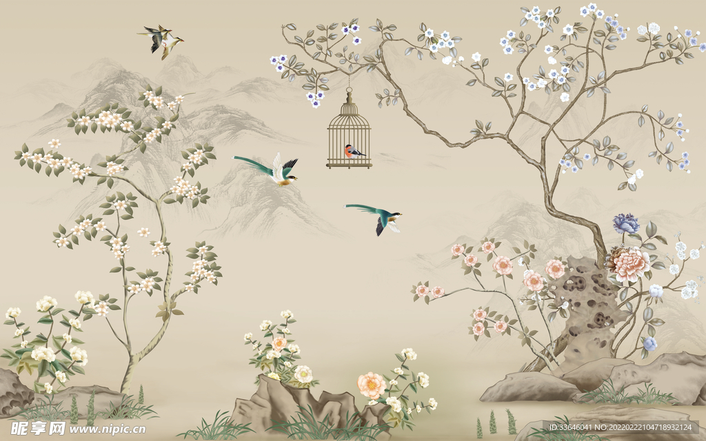 新中式水墨工笔花鸟