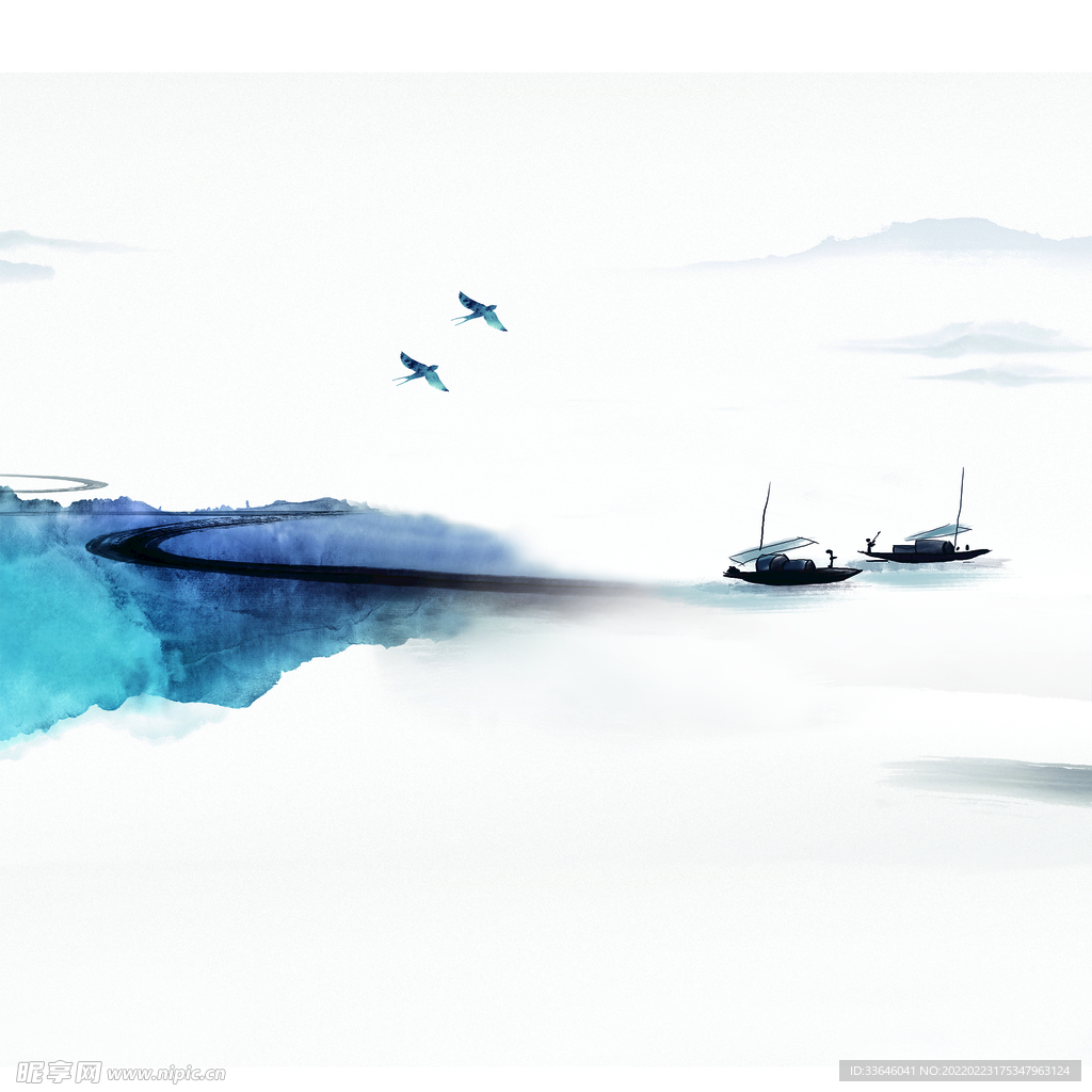 蓝色水墨山水