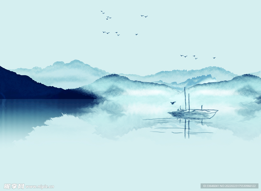 蓝色水墨山水