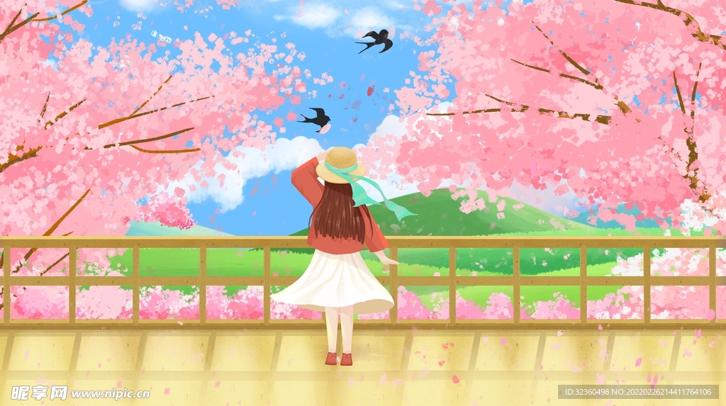 粉色樱花里的小女孩创意插画设计