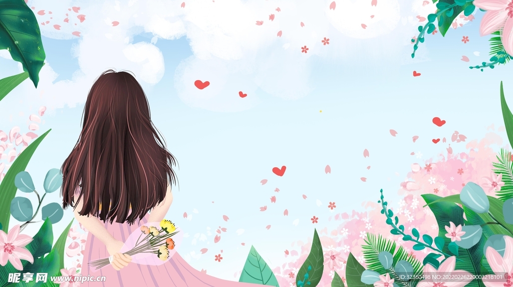 女神节粉色系背影女孩创意插画设