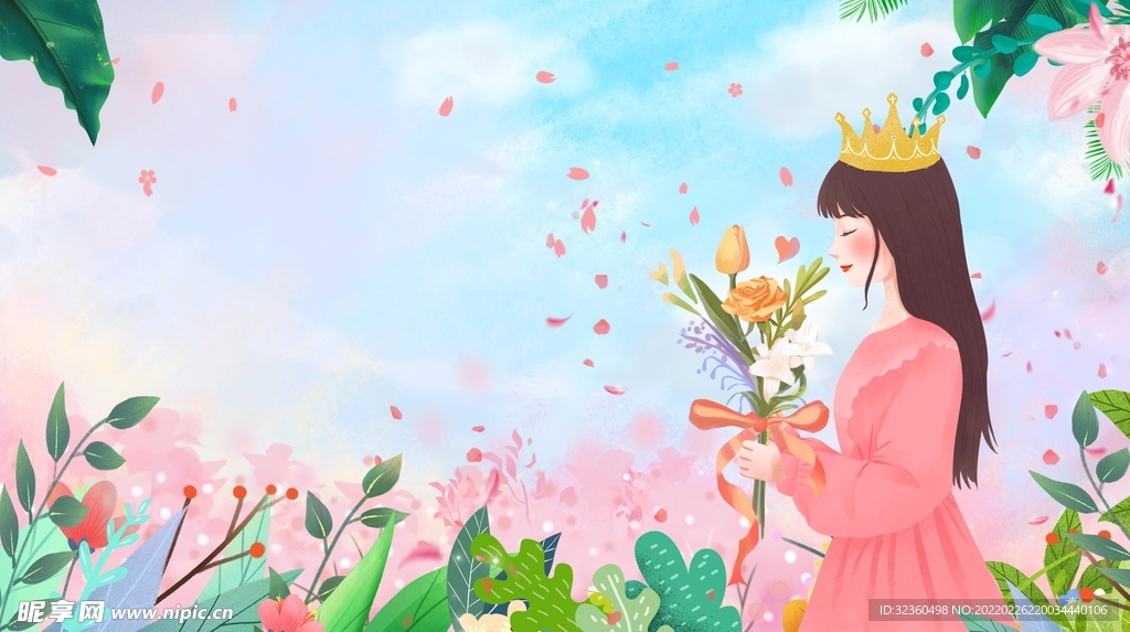 女神节粉色系女神创意插画设计