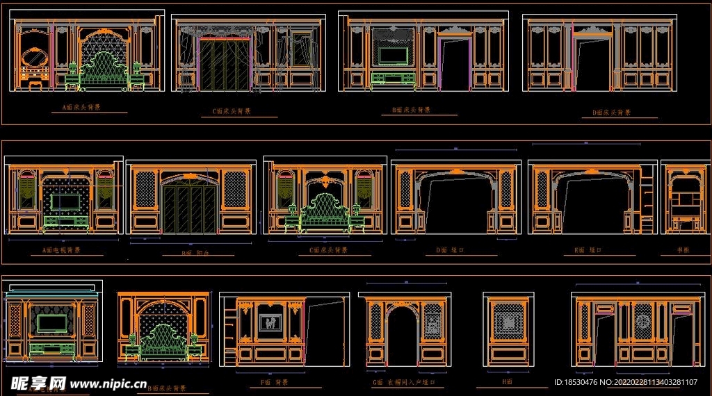 法式整木背景墙常用CAD