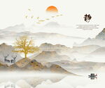 中式山水风景三联无框画