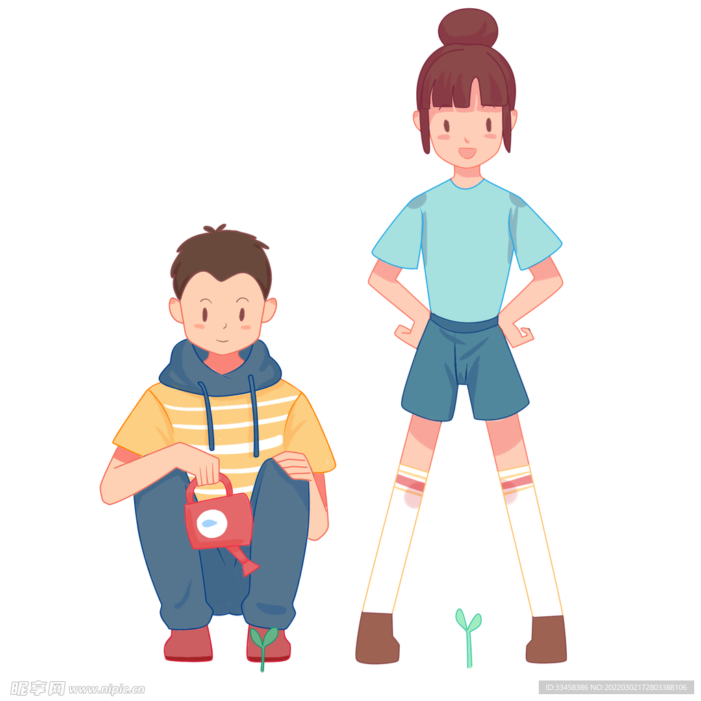 手绘给树苗浇水