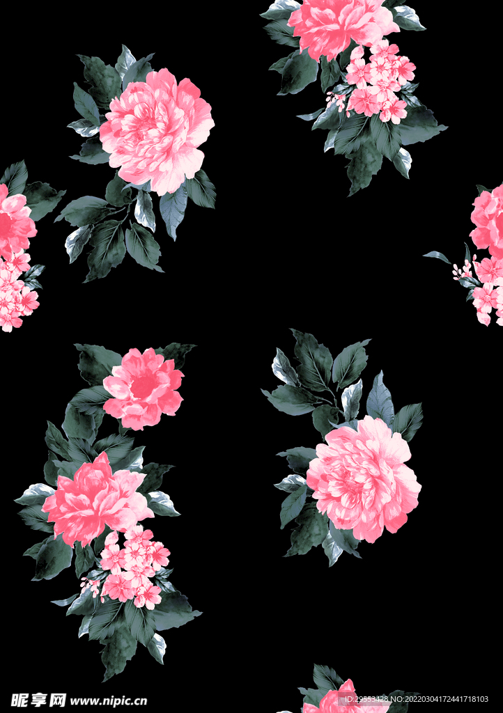 黑底玫瑰花无缝印花