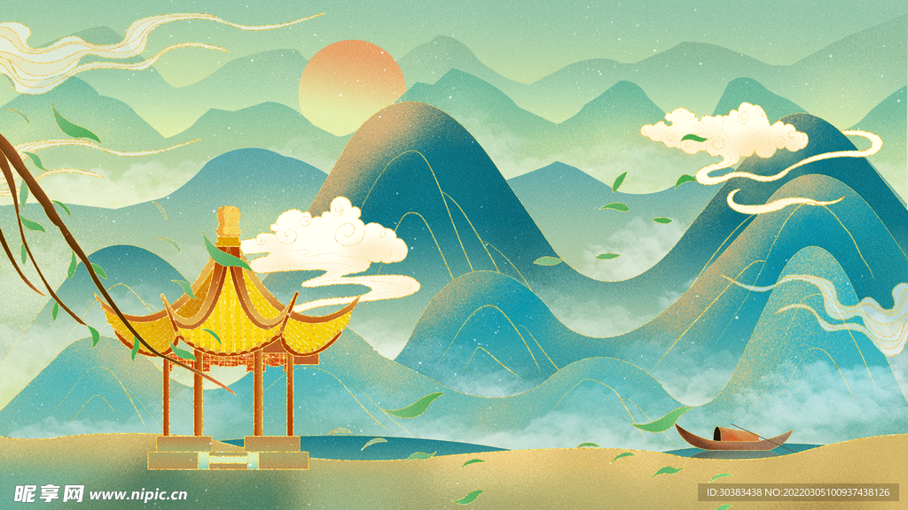 手绘花鸟山水风景画海报素材