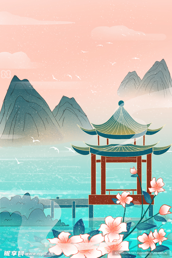 手绘花鸟山水风景画海报素材