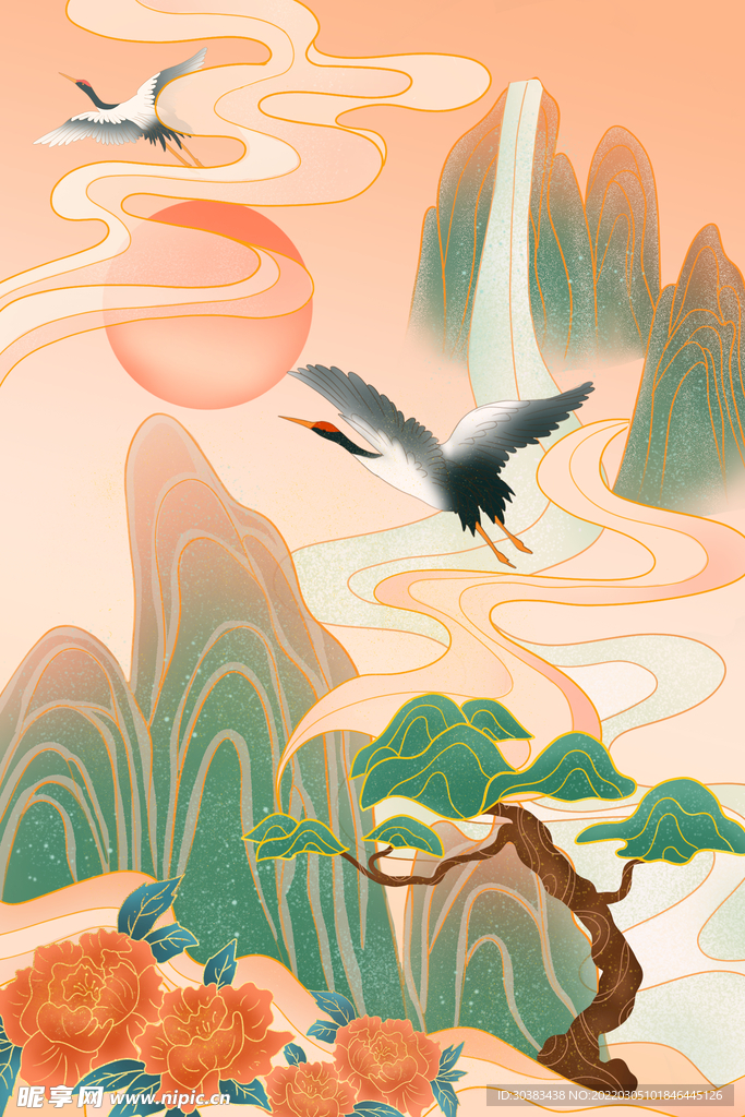 手绘花鸟山水风景画海报素材