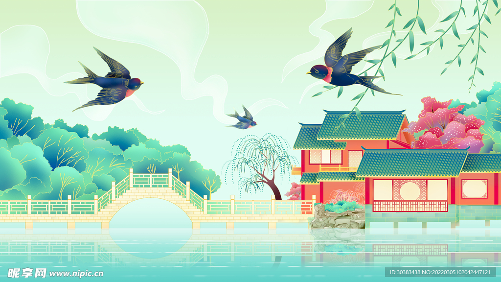 手绘花鸟山水风景画海报素材