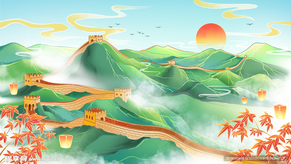 手绘花鸟山水风景画海报素材