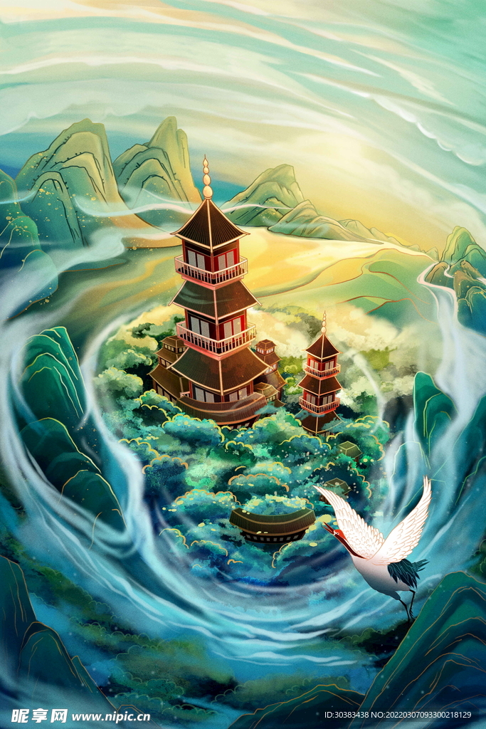 手绘花鸟山水风景画海报素材