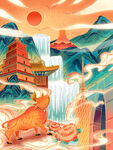 手绘花鸟山水风景画海报素材