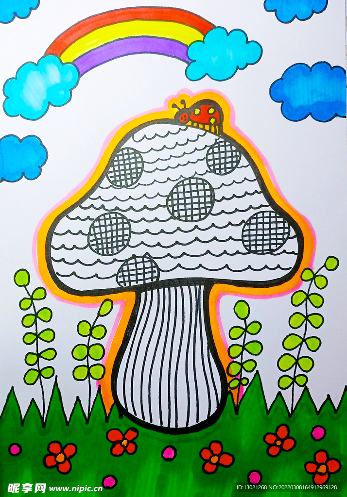 蘑菇线描儿童画