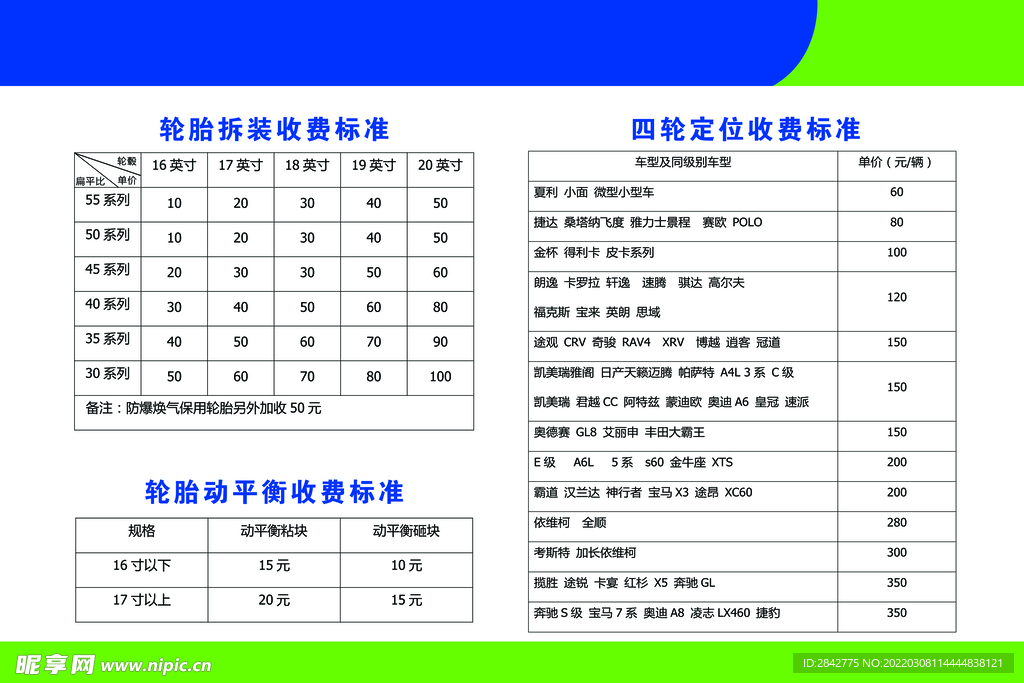 汽车保养价格表