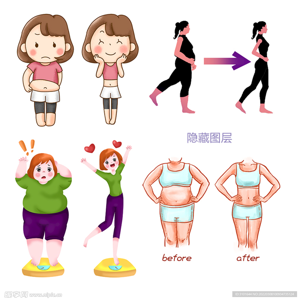减肥前后对比卡通