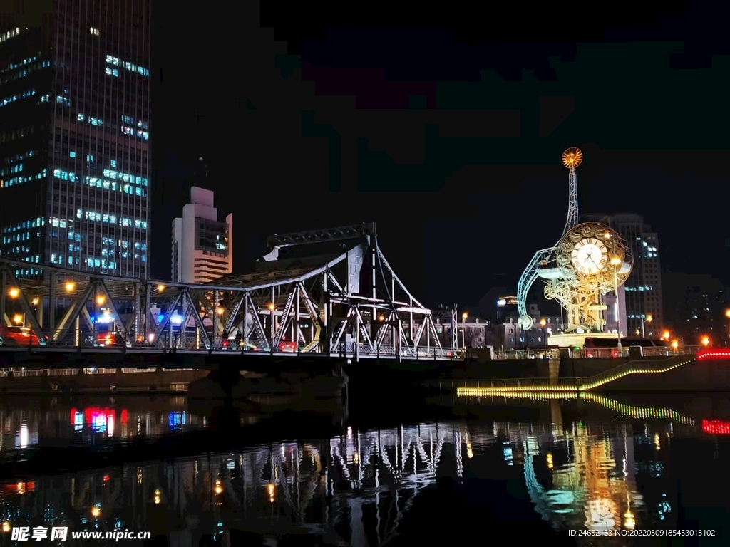 天津市解放桥世纪钟夜景