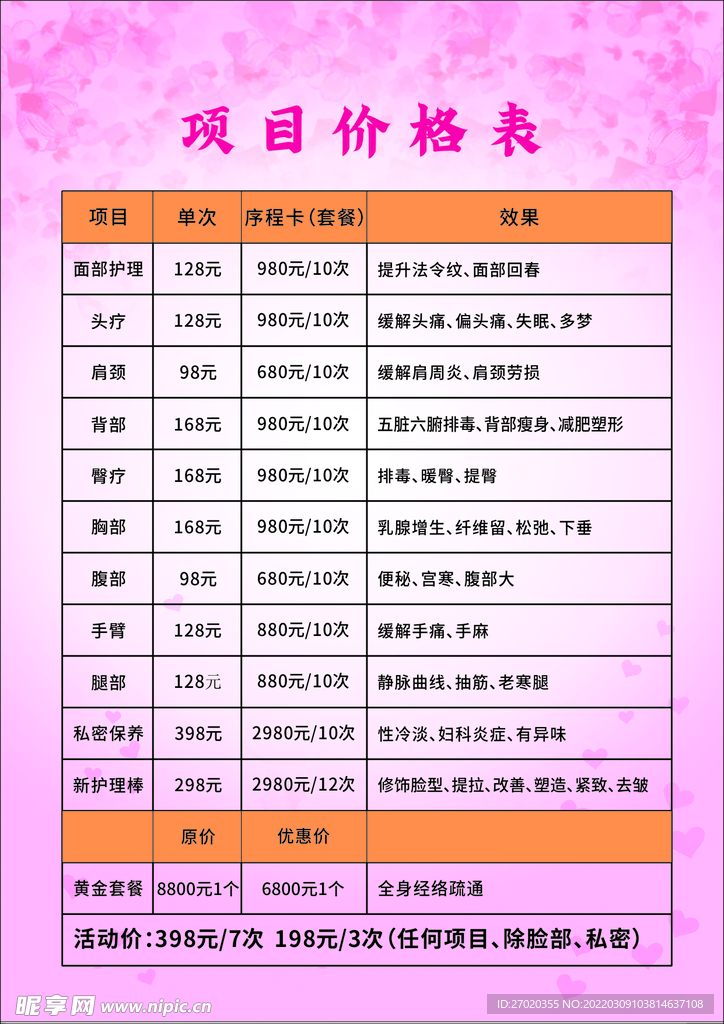 价格表