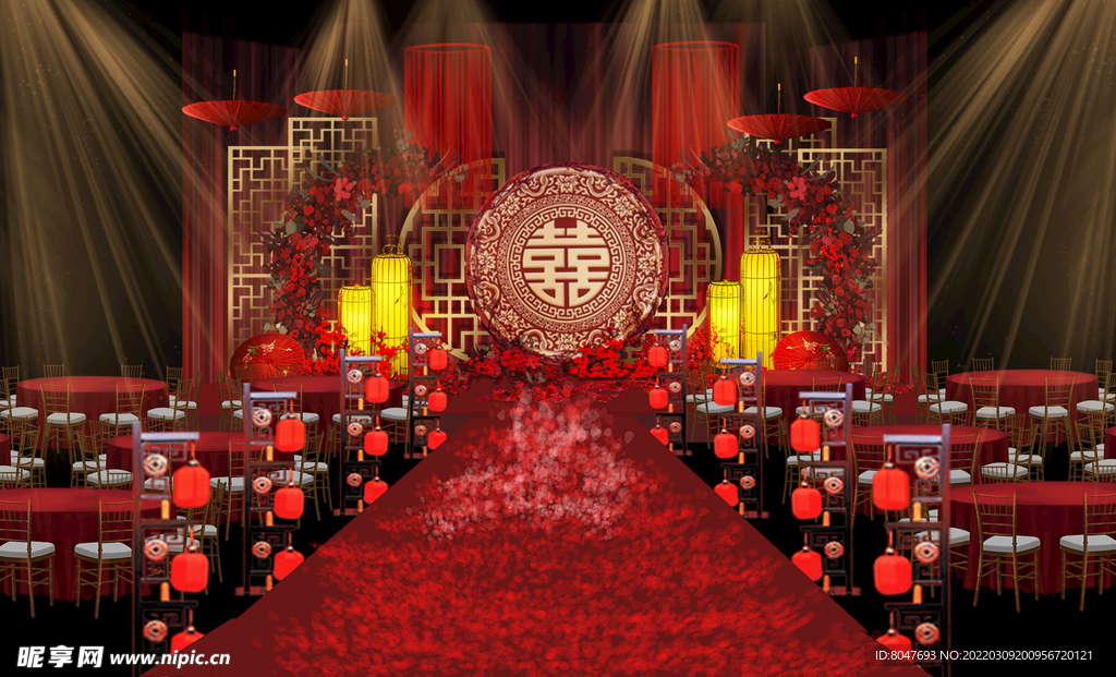 红金色中式汉唐古风婚礼效果图