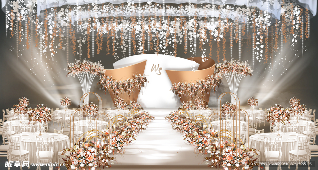 曲面白橙色泰式婚礼舞台效果图