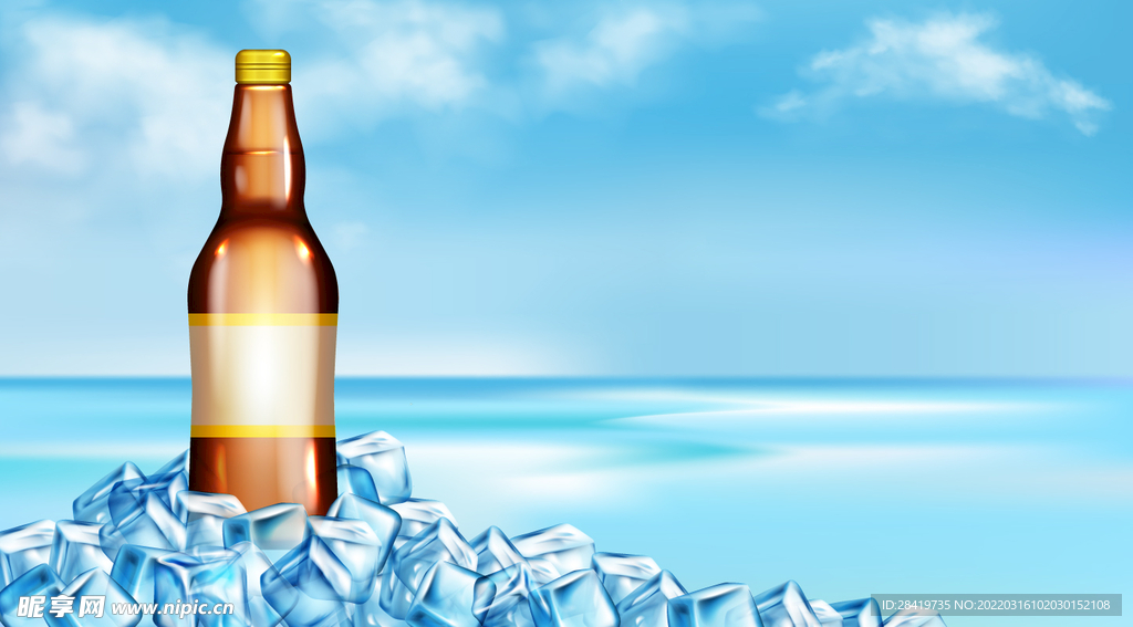 清爽啤酒冰块海洋蓝天矢量海报