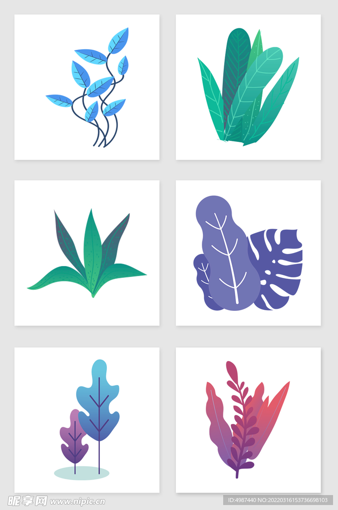 手绘彩色的叶子套图插画元素