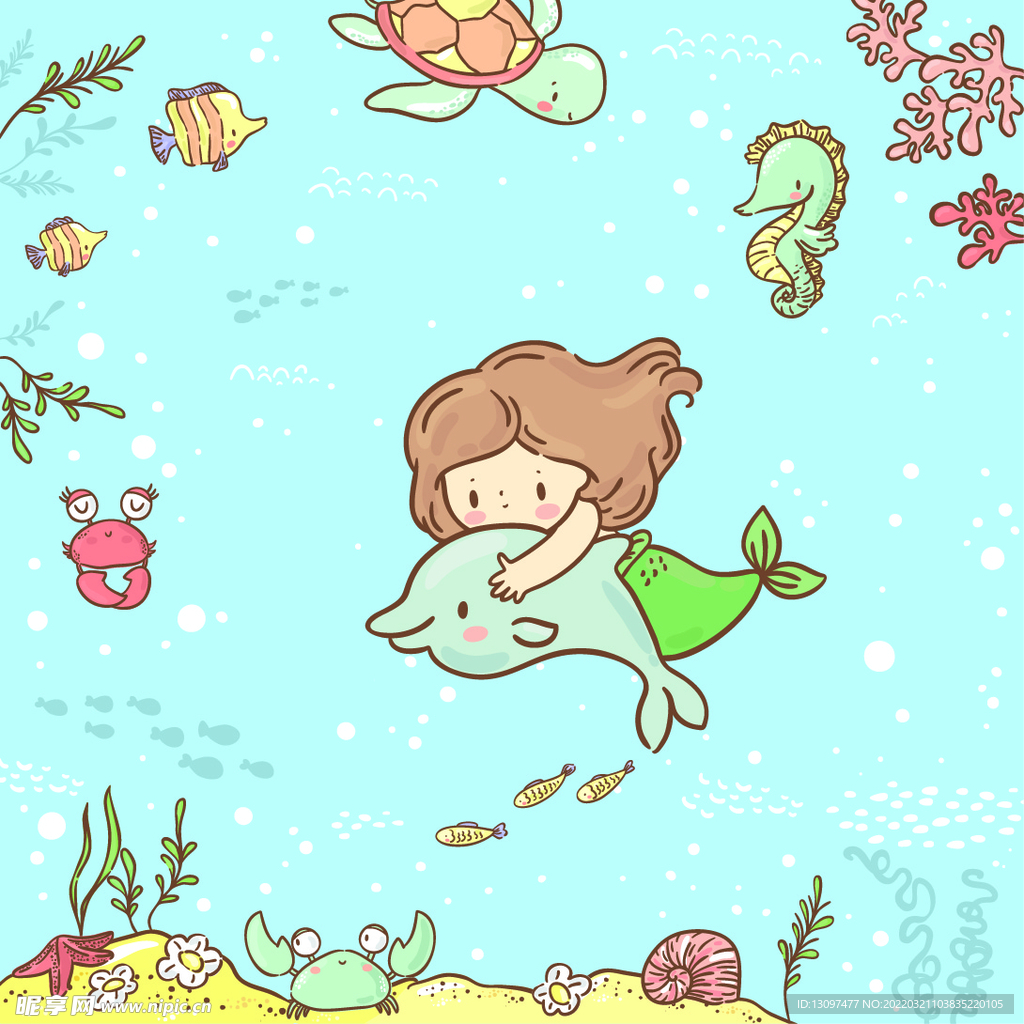 卡通 可爱 手绘 美人  海洋