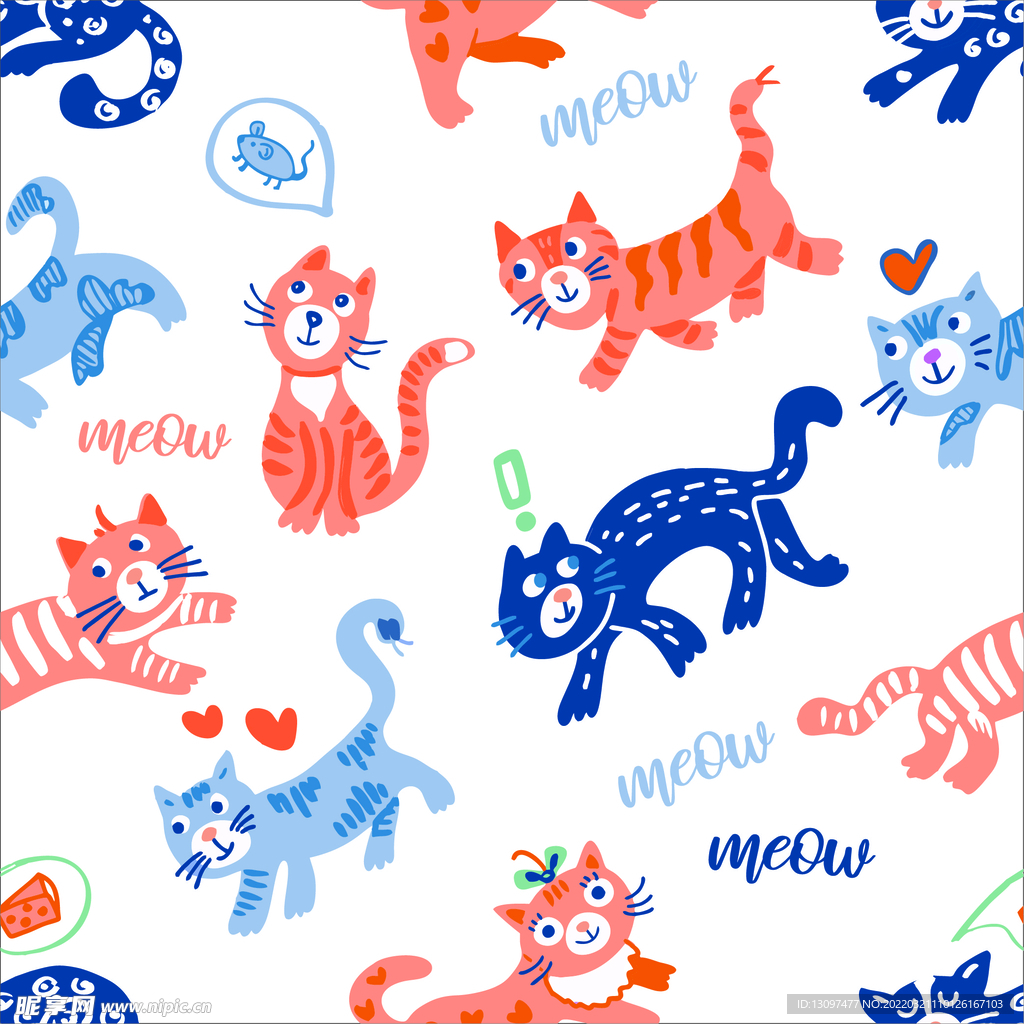 卡通 可爱 手绘 猫咪  满印