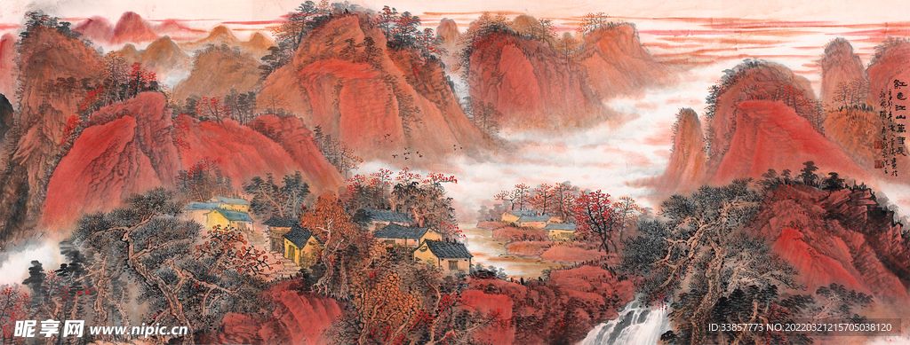 红色江山万年长山水国画