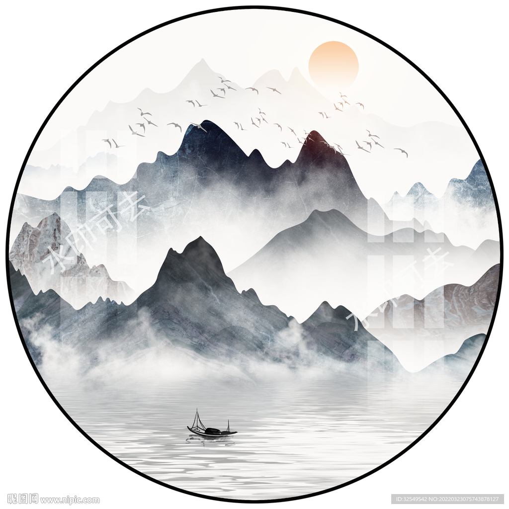 新中式水墨山水圆形装饰画