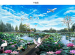 蓝天白云唯美公园池塘荷花风景图