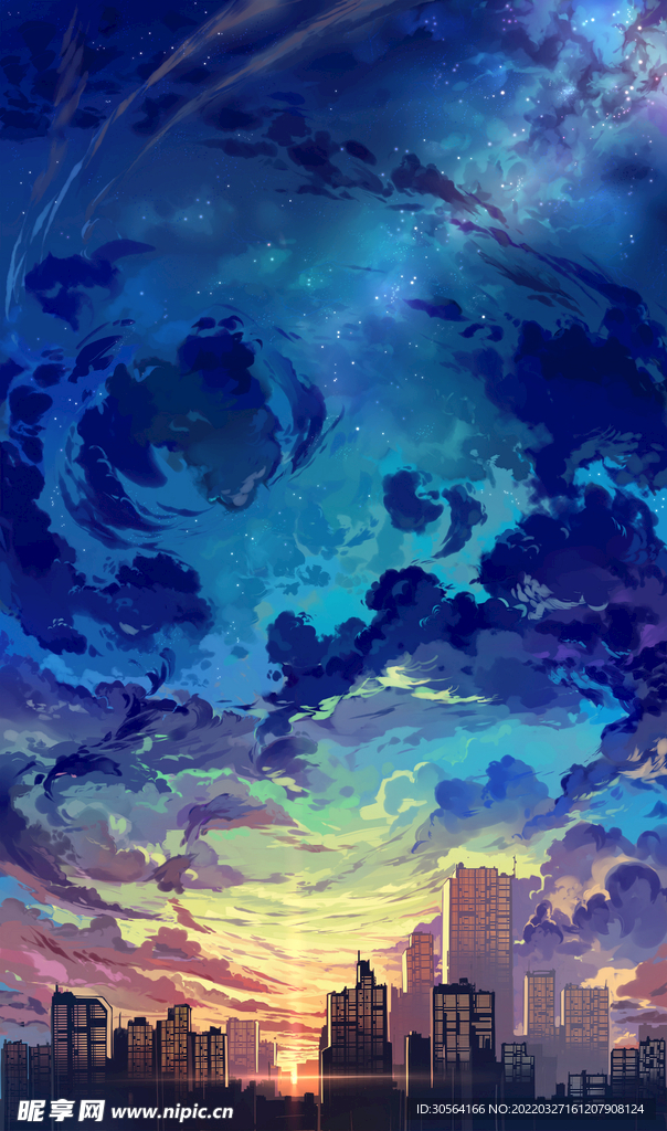 炫彩蓝色天空插画背景