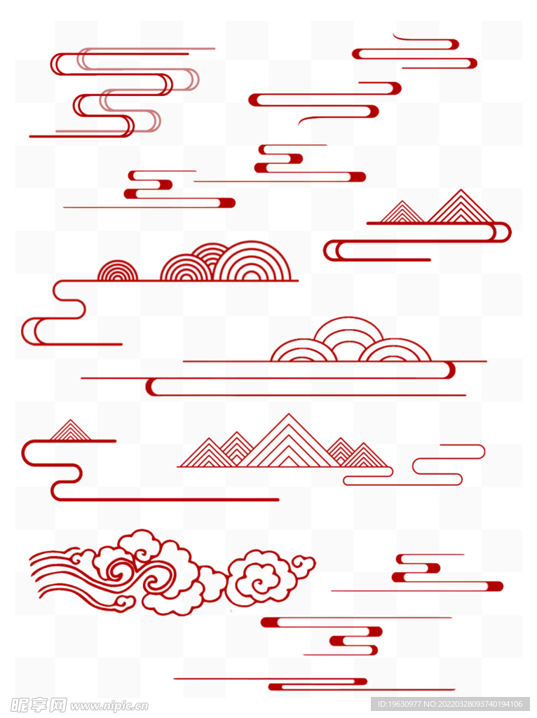 红色中国风云纹线稿装饰图案