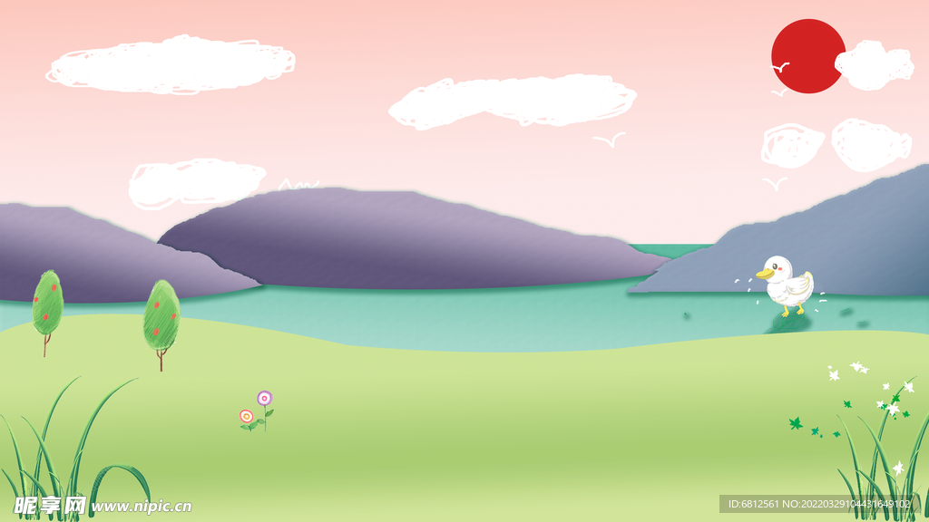 卡通粉色天空白云草地鸭子风景