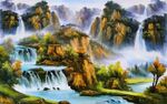 瀑布山水油画背景装饰