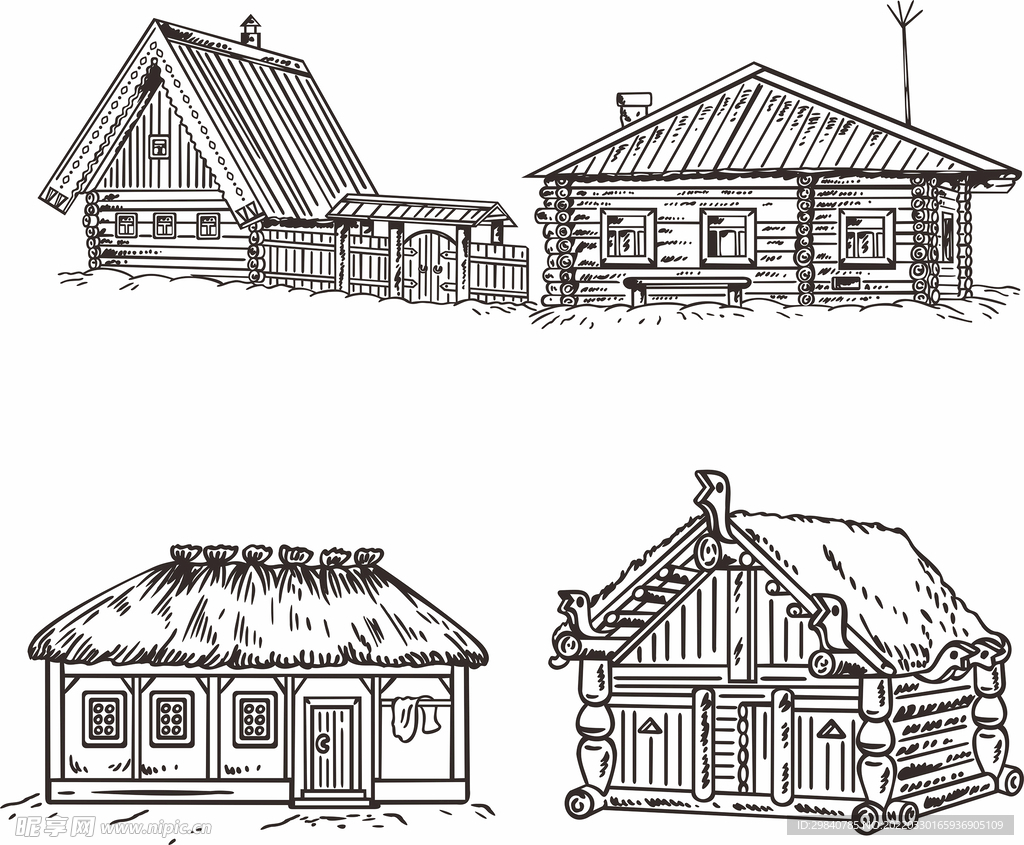 手绘插画房子线条素描线描矢量图