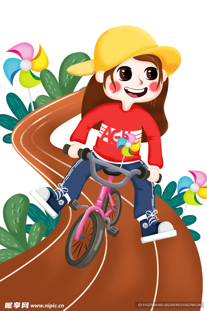 小女孩骑车去春游插画